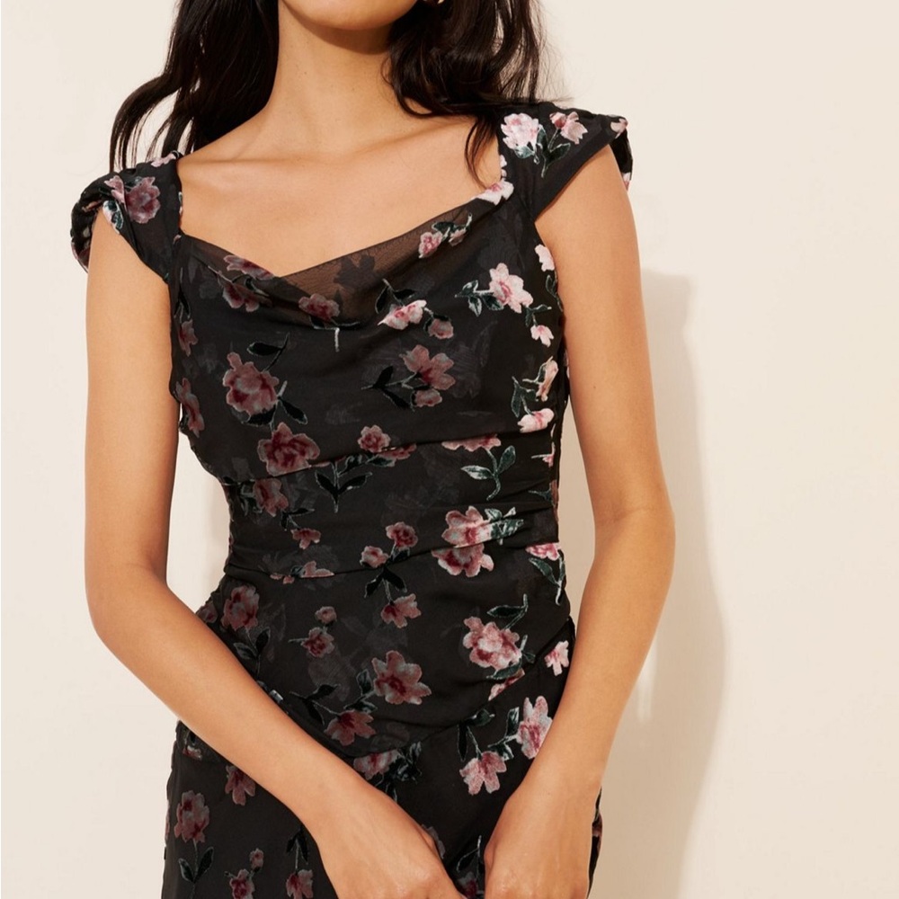 For Love & Lemons Aigrette Black Floral Maxi Dress Pink Blossoms